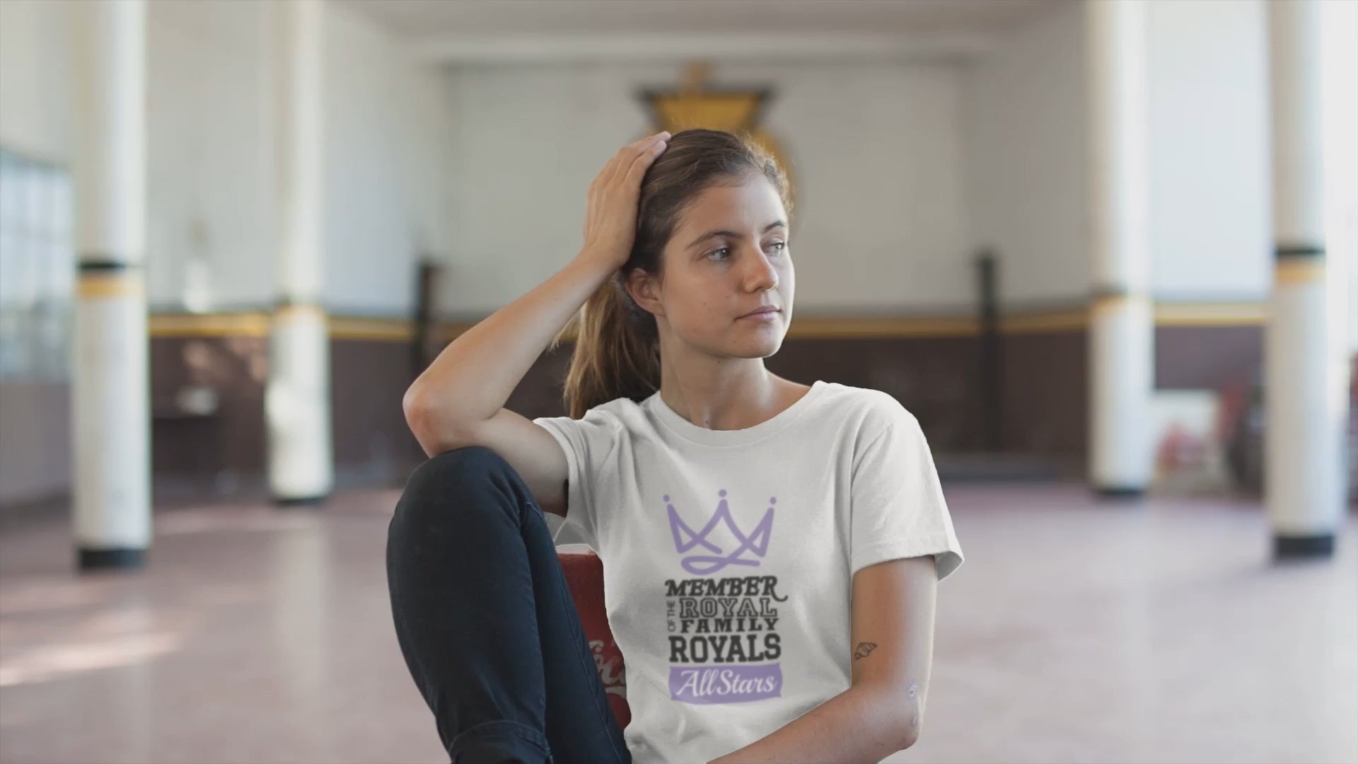 Load video: A young girl wearing a &#39;Member Of The Royal Family&#39; t-shirt